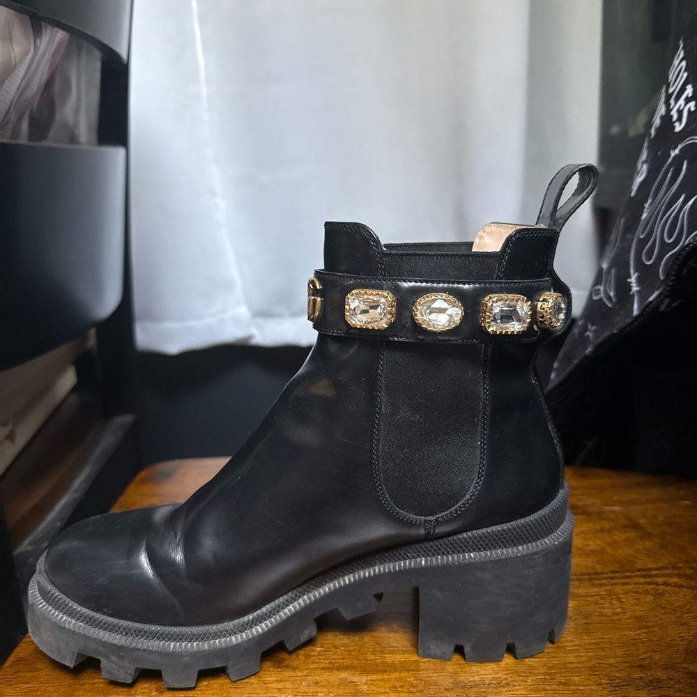 Gucci Black Ankle Boots with Gold Accents - Picture 3 of 4